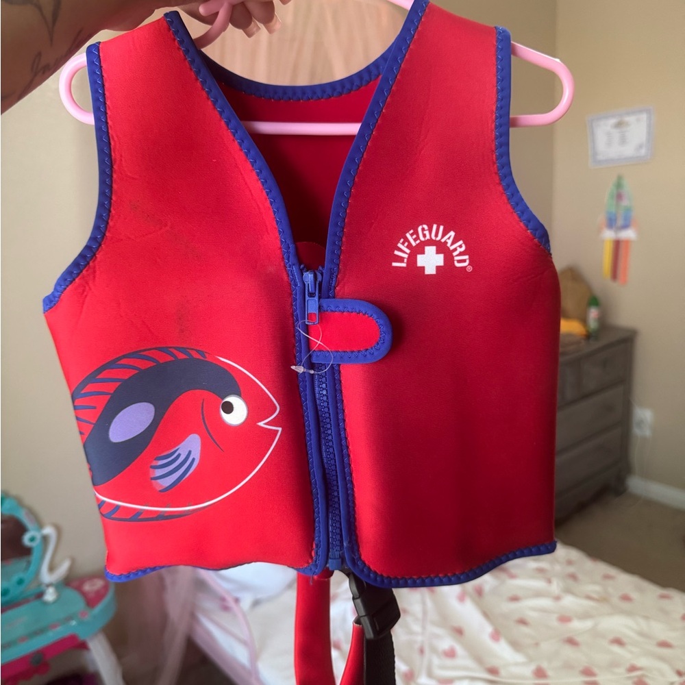 Toddler Red Lifeguard Swim Vest with Fish Design